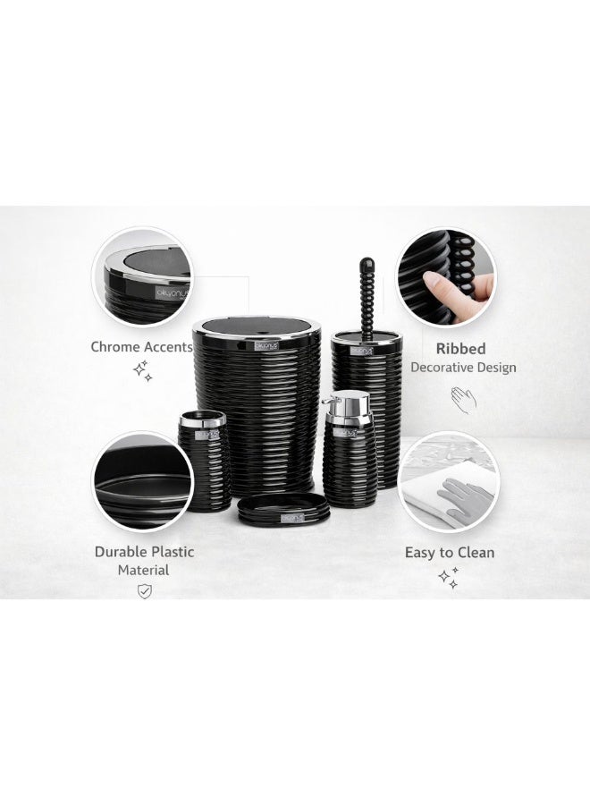 plastic elegans 5 Pieces Bathroom Set  basket - liquid soap dispenser - soap holder - toilet cleaning brush - toothbrush & toothpaste holder - Black/Chrome - Image 5